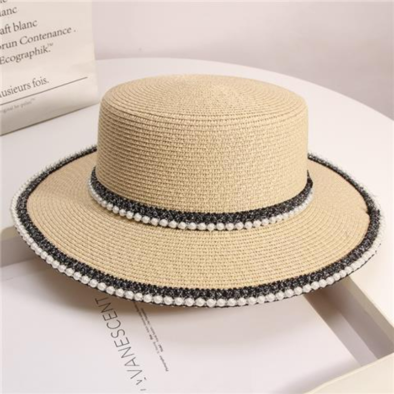 New French Style Wide Brim Straw Sun Hat with Pearl Trim